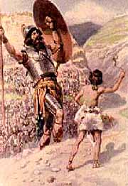 Boastful Goliath about to be slain by YHWH's servant, David