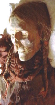 The mummy of a 40-year-old, tall, Caucasian red-headed woman found in the Taklamakan Desert in western China. Image
from Nova, copyright � 1998 WGBH/Boston.