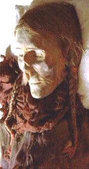 The mummy of a 40-year-old, tall, Caucasian red-headed woman found in the Taklamakan Desert in western China. Image
from Nova, copyright � 1998 WGBH/Boston.