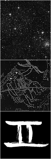 The constellation Gemini, its classical portrayal in mythology, and its astrological symbol.
